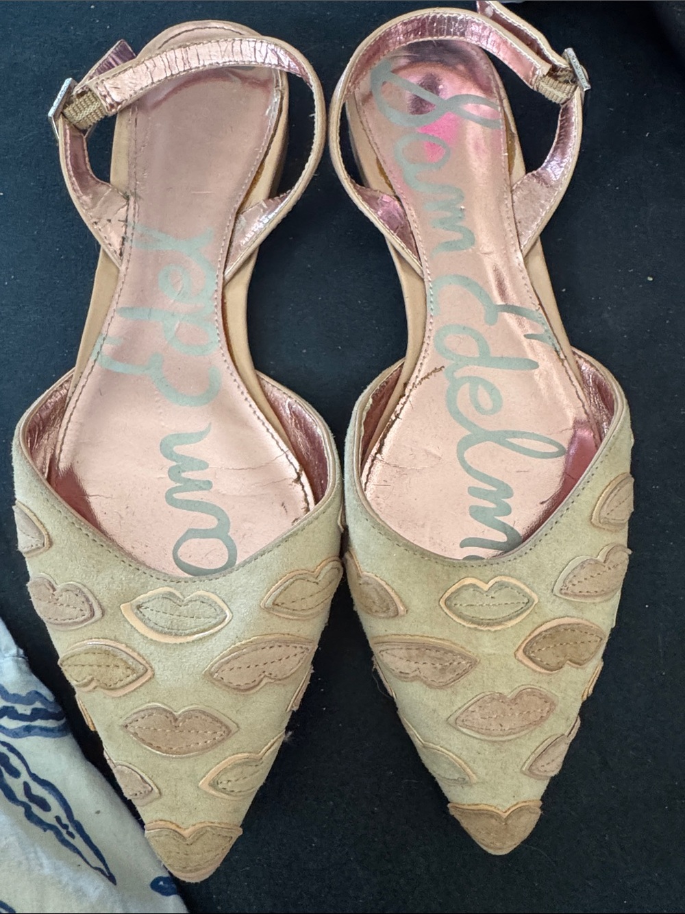 Sam Edelman cream Suede Pointed Toe Slingback Flats with Rose-Gold Insole